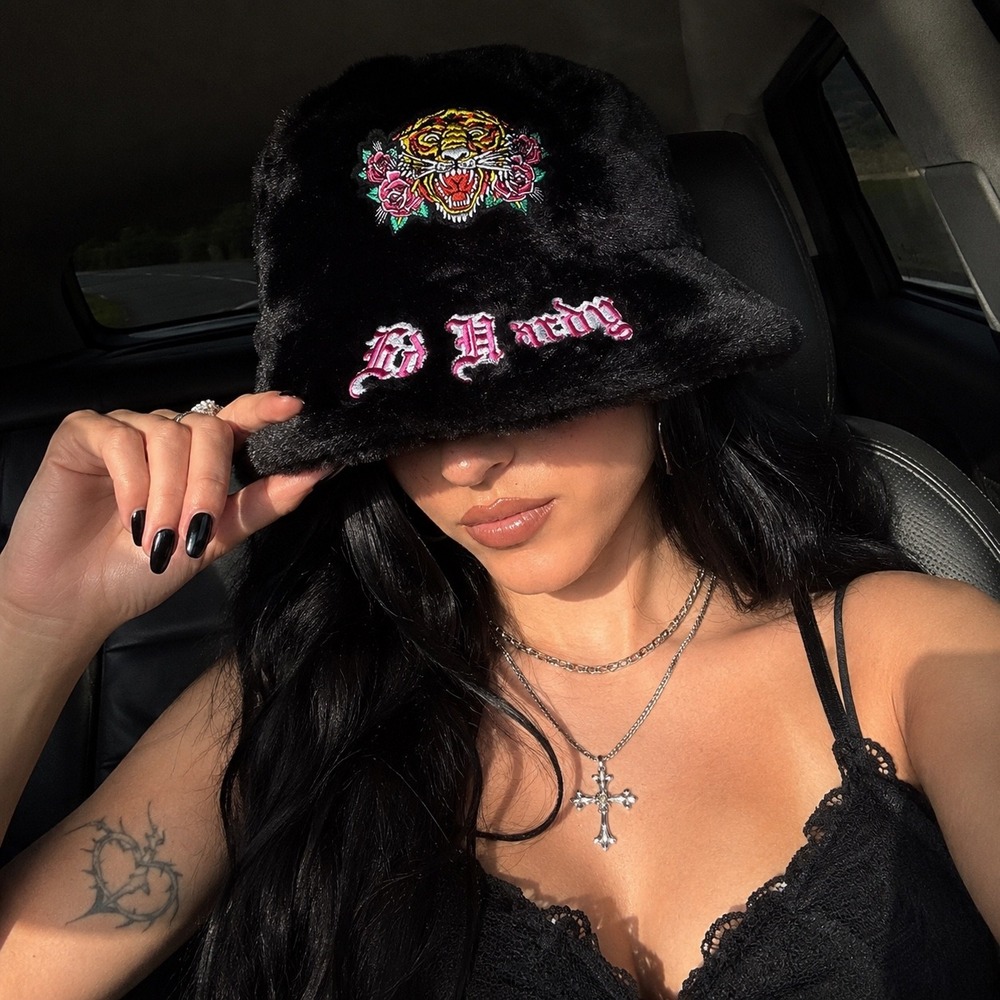 Ed Hardy Black Faux Fur Bucket Hat Embroidered Tiger Roses Y2K OS